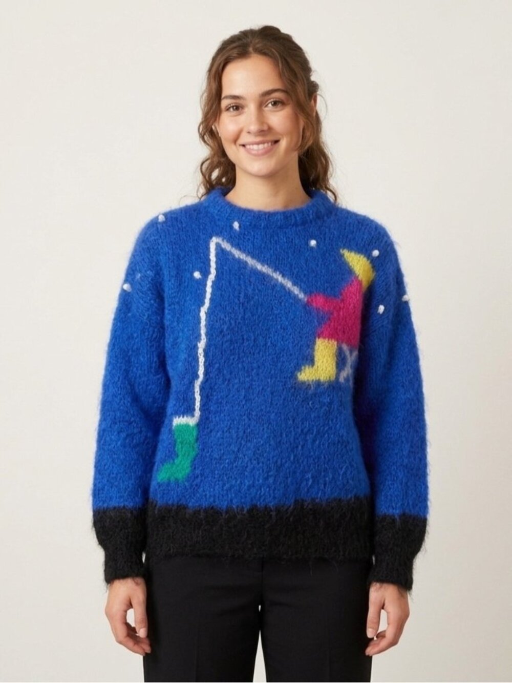 Vintage Handknit Blue Fishing Mohair Wool Sweater - Large 🇬🇧